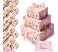 YAAVAAW Pink and Gold 40th Birthday Wrapping Paper Women,5 Sheets 50x70cm 3D Pink Happy 40 Birthday Gift Wrap Paper with Cards and 2m Ribbon for Ladies Woman Her Female 40th Birthday Gifts Decorations