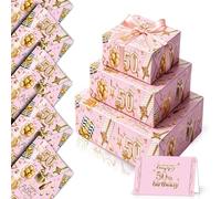 YAAVAAW Pink and Gold 50th Birthday Wrapping Paper Women,5 Sheets 50x70cm 3D Pink Happy 50 Birthday Gift Wrap Paper with Cards and 2m Ribbon for Ladies Woman Her Female 50th Birthday Gifts Decorations