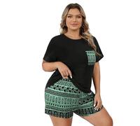 YAAYAGO Pyjama Short Sets Women'S Plus Size Pajamas Suit Short Sleeve Shirts Printed Home Clothes Summer-Black Green-3Xl