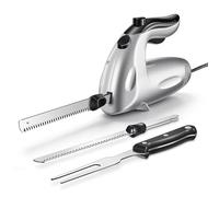 Yabano Electric Carving Knife 150W with 2 Serrated Stainless Steel Blades and Carving Fork, Safety Lock, Ideal for Roasts, Turkey, Gammon, Bread & Everyday Slicing, Silver