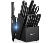 Yabano Knife Block Set, 14-Piece Kitchen Knife Set with Integrated Knife Sharpener, Sharp Black Knife Set, Dishwasher Safe