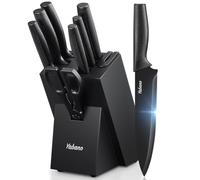 Yabano Knife Set with Block, 8 Piece Stainless Steel Kitchen Knife Set with Built-in Sharpener, Sharp Black Knives with Ergonomic Handle, Rust Resistant & Dishwasher Safe