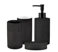 YabcY Bathroom Accessory Set, Ceramic 4pcs Complete Contain Soap Dish, Toothbrush Cup, Tumbler and Dispenser, Black Matte Embossing, Italianate Style