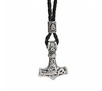 YABEME Men Viking Thor Hammer Mjolnir Pendant Necklace Stainless Steel Vintage Braided Leather Rope Chain Biker Amulet Jewelry with Valknut Rune Gift Bag,Silver,27inch