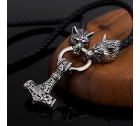YABEME Men Viking Thor Hammer Necklace Mjolnir Amulet Pendant Stainless Steel Vintage Jewelry Braided Leather Wolf Head Rope Chain with Valknut Rune Gift Bag,Silver,23inch