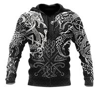 YABEME Mens Viking Odin Wolf Tattoos Zip Hoodie, 3D Print Celtic Wolf Jacket Sweatshirt Long Sleeve Pagan Clothing,Zip,L