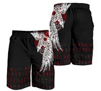 YABEME Men's Viking Shorts, 3D Digital Printed Norse Mythology Odin Raven Tattoo Graphic, Outdoor Summer Casual Athletic Loose Fit Shorts with Pockets,Black,XL