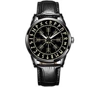 YABEME Nordic Men's Handmade Leather Watch, Viking Print Vintage Rune Vegvisir Celtic Knot Casual Analog Quartz Watch, Fashion Gift for Couples