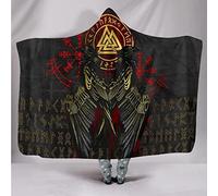 YABEME Norse Viking Hooded Blanket Cloak, Sherpa Odin's Raven Crow Valknut Celtic Tattoo Pattern, Flannel Lining Super Soft Cozy Home Leisure,80″ x 60″