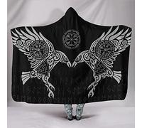 YABEME Sherpa Hooded Blanket Cloak, Novelty Custom Norse Viking Raven Vegvisir Tattoo Pattern, Flannel Lining Super Soft Cozy Home Leisure,Adult 60 x 80 inch