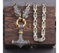 YABEME Thor's Hammer Mjolnir Necklace, Nordic Viking Celtic Pagan Amulet Pendant Jewelry, Men's Stainless Steel King Chain Fenrir Wolf Head Link,70 cm 27.55 inch