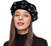YABINA ACCESSORY Wool Black Beret Hat - Silver Ring Piercing Rock Beret (Black)