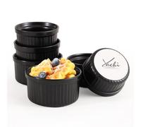 Yachi Ramekins Black, 4 oz 6 Pieces Ceramic Baking Ramekin Set of 6 Stoneware Bakeware Serving for Sauces Dipping Onion Soup Lava Cake Flan Creme Brulee Kit Pudding Mini Custard Ramekins Oven Safe