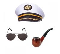 Yacht Captain Hat + Aviator Sunglasses + Pipe Accessory Set : Adult Men Hollywood Batchelor Sailor Sea Boat Skipper Ship Fancy Dress