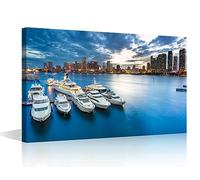 Yacht Sailing Canvas Prints Miami Skyline at Dusk Painting Pictures for Living Room Bar Club Modern Canvas Wall Art Framed House Decoration for Bedroom Bathroom Office Ready to Hang - 36x24in