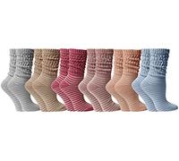 YACHT & SMITH 6 Pairs Womens Scrunched Slouch Socks, Cotton Boot Socks Bulk Pack, 6 Striped Neutral, One size