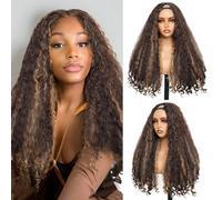 Yacurcur Afro Wig V Part Kinky Curly Wigs for Black Women 180% Density Wear and Go Glueless Wig with Unique Bouncy Curls in the End Synthetic Brown Blonde Highlight No Leave out Clip in 24 Inch(#4H26)