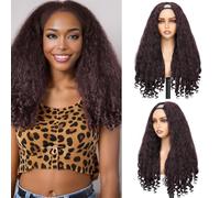 Yacurcur Afro Wig V Part Kinky Curly Wigs for Black Women 180% Density Wear and Go Glueless Wig with Unique Bouncy Curls in the End Synthetic Burgundy Red No Leave out Clip in 24 Inch(#99J)