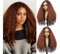 Yacurcur Afro Wig V Part Kinky Curly Wigs for Black Women 180% Density Wear and Go Glueless Wig with Unique Bouncy Curls in the End Synthetic Ombre Ginger Brown No Leave out Clip in 24 Inch(#DR4-30BL)