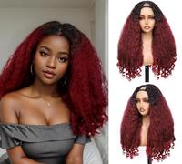 Yacurcur Afro Wig V Part Kinky Curly Wigs for Black Women 180% Density Wear and Go Glueless Wig with Unique Bouncy Curls in the End Synthetic No Leave out Clip in 24 Inch(#DR2-9T2)