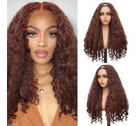 Yacurcur Afro Wig V Part Kinky Curly Wigs for Black Women 180% Density Wear and Go Glueless Wig with Unique Bouncy Curls in the End Synthetic Reddish Brown No Leave out Clip in 24 Inch(#33L)