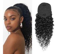 Yacurcur Water Wave Drawstring Ponytail Brazilian Remy Human Hair Ponytail Extensions for Black Women Ponytail Extension Human Hair Pieces Natural Black 12 Inch