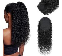 Yacurcur Water Wave Human Hair Drawstring Ponytail for Black Women 8A Brazilian Virgin Water Wave Ponytail Extension Human Hair Pieces Natural Black 20 Inch