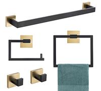 YACVCL 5-Piece Bathroom Hardware Accessories Set 23.6 inch Black and Brushed Gold Towel Bar Towel Rack Sets Modern Towel Ring Kit Stainless Steel Wall Mounted