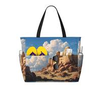 Yadan Castle Print Large Capacity Beach Travel Bag, Waterproof Beach Tote Bag with Zip and Pocket, Tote Bags for Traveling, Shopping, Pool