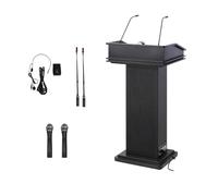 Yadlan Metal Podium with Mic, Podium Stand For Classroom with Light, Lecterns & Podiums Modern with 2 Fixed Microphone, 2 Wireless Microphone and Desk Lamp for Classroom, Conference, Office