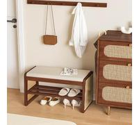 Yadlan Solid Wood Shoe Bench with Cushion, 2-Tier Shoe Rack for Entryway, Bedroom, or Closet, End of Bed Bench for Hallway, Living Room Wood Color 60cm