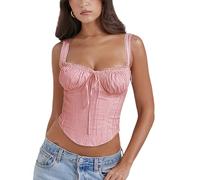 YADMISU Women's Lace Up Cami Corset Tops Cold Shoulder Zip Side Ties Back Sexy Going Out Bodyshaper Bustier Top, Pink, Large