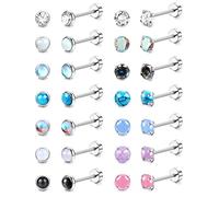 YADOCA 14Pairs Hypoallergenic Flat Back Stud Earrings for Women Men Surgical Steel Screw Back Tiny CZ Opal Moonstone Turquoise Screwback Earrings Studs Set Piercing Jewelry, Metal, Cubic Zirconia