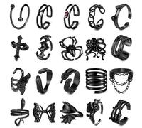YADOCA 20Pcs Black Rings for Women Gothic Ring Y2K Mens Rings Set Snake Bat Devil Spider Claw Skul Adjustable Knuckle Stacking Ring Gothic Halloween Jewelry