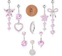 YADOCA 316L Surgical Steel Gold Dangle Belly Button Ring for Women Silver Dangly Belly Rings 14G Hypoallergenic Navel Belly Button Piercing Jewelry Bow Heart 10mm/12mm Barbell Length, Stainless Steel