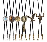 YADOCA 6 Pcs Leather Bolo Tie Turquoise Handmade Round Shape Western Cowboy Black Leather Necktie Bola Tie for Men Women B