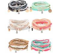 YADOCA 6 Sets Bohemian Stackable Bead Bracelets for Women Stretch Bangles Bohemian Style Stretch Multilayered Bracelet Set