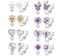 YADOCA 8 Pairs Clip On Earrings for Women Girls Kids Cubic Zirconia Pink Purple Pearl Heart Flower Butterfly Non Pierced Earrings Hypoallergenic