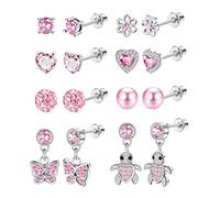 YADOCA 8 Pairs Hypoallergenic Stud Earrings for Women Girls Kids Surgical Steel Cubic Zirconia Screw Back Earring Heart Pearl Rainbow Flower Butterfly Dangle Earrings Set, Pink