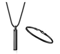 YADOCA Men's & Women's Bar Pendant Necklace & Bracelet Set, Stainless Steel, 3mm Snake Chain, 55cm, Silver/Black
