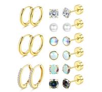 YADOCA Small Hypoallergenic Surgical Steel Earrings for Sensitive Ears - Flat Back Earrings for Women Men - 20G Tiny Cubic Zirconia Opal Hoop Studs - FlatBack Stud Cartilage Earring Sets for Multiple