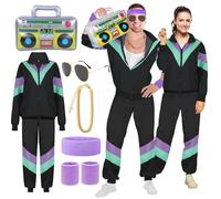 YADODO 90s 80s Fancy Dress Men Costumes Disco Adult Stag Do Outfit Shell Suits 80s Fancy Dress for Women Black Couples Shell Suit with Purple 80s Accessories Mens Hip Hop 80s Tracksuit (XL)