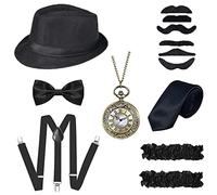 YADODO Gatsby Accessories Men 1920s Accessories for Women Reverse Role Playing 1920s Mens Costume Gangster Accessories Roaring with Pocket Watch/Fake Moustache/Fedora Hat for Men Halloween Christmas