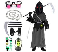 YADODO Grim Reaper Costume Kids Boys 12-13-14 with Scythe Glowing Eyes Scary Grim Reaper Outfit Fancy Dress Kids Scream Scary Halloween Death Costume Cloak Black Cape for Boys Girls Halloween