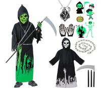 YADODO Grim Reaper Costume Kids Boys 7-8 8-9 with Scythe Chain Glow In The Dark Grim Reaper Outfit Fancy Dress Kids Light up Ghost Face Skull Scream Scary Halloween Zombie Death Costume Boys