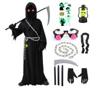 YADODO Grim Reaper Costume Kids Boys 8-9-10 with Scythe Glowing Eyes Scary Grim Reaper Outfit Fancy Dress Kids Scream Scary Halloween Death Costume Cloak Black Cape for Boys Girls Halloween