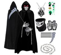YADODO Grim Reaper Costume Kids Boys Girls 5-6 6-7 with Scythe Chain Skeleton Mask Scary Halloween Scream Death Costume Grim Reaper Cloak Cape Robe Outfit Kids with Hood Black for Boys Halloween