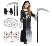 YADODO Grim Reaper Costume Kids Girls 5-7 with Scythe Chain Gloves Stickers Scary Halloween Grim Reaper Outfit Fancy Dress for Girls Ghost Face Skull Scream Zombie Death Costume for Kids Halloween