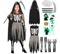 YADODO Grim Reaper Costume Kids Girls 8-9-10 with Scythe Chain Gloves Leg Sleeves Scary Halloween Grim Reaper Outfit Fancy Dress for Girls Skull Zombie Skeleton Death Costume for Kids Halloween