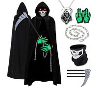 YADODO Grim Reaper Halloween Costume Men Women Teenager with Scythe Chain Gloves Mask Grim Reaper Costume Outfit Cloak Cape Robe Men Adult Scream Scary Halloween Death Costume Mens Female